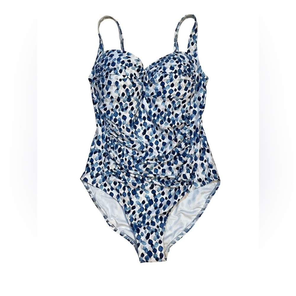 Blue & White One-Piece Swimsuit. Still has hygienic protective liner in place.